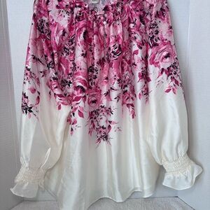 Anne Klein Pink and White Ruffled Blouse with Puff Sleeves